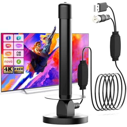 Antena TV Interior con Base Magnética y Amplificador Señal HDTV 8K 4K 1080P Compatible con Smart TV y Todos los Televisores Recepción Potente Antenas TV Interiores 5M Cable Coaxial