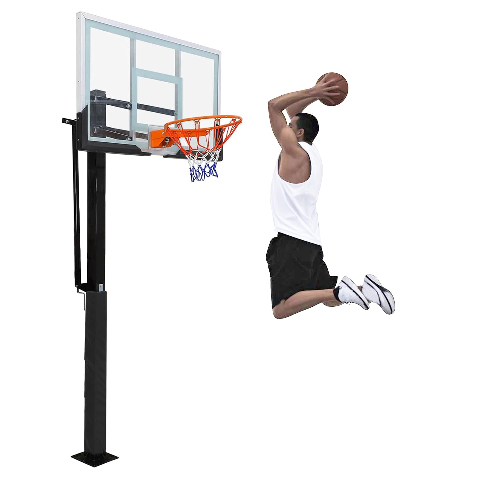 55" Adjustable in-Ground Basketball Hoop with Tempered Glass Backboard, 8–10 Ft Height, Family-Safe Dual-Option Base, Rust-Resistant Outdoor System