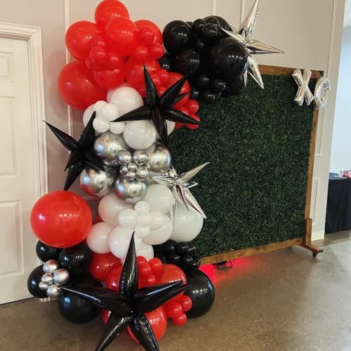 Image of 153Pcs Red and Black Silver Balloons Garland Arch Kit with Stars -22 18 12 10 5 inch Different Size Red Black Metallic Silver Balloon for Birthday Graduation Racing Car Poker Party Decorations