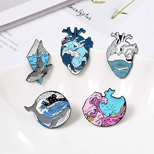 Gillna 5 Pcs Blue Ocean Wave Heart Enamel Pins Set Whale Brooches Lapel Pins Ocean Theme Freedom Blue Sea Art Badges for Bag Clothes Backpack Denim Jewelry Gifts - Thumbnail 4