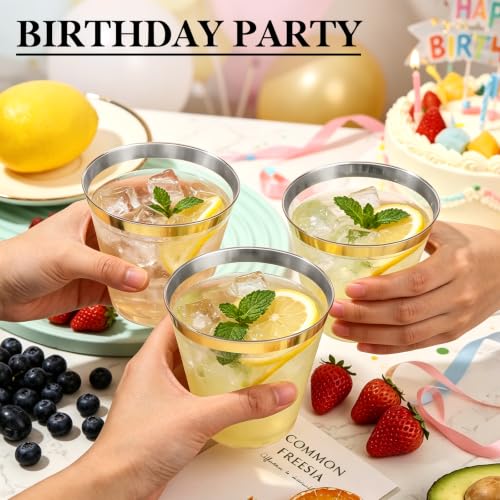 Image of 100 Pack 9 OZ Plastic Cups, Disposable Gold Rimmed Party Cups