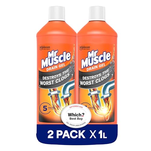 Mr Muscle Drain Unblocker Liquid (2 x 1L) Sink & Drain Cleaner Strong & Fast Acting Heavy Duty Gel Formula Dissolves Clogs Works 3x Better Than Bleach Safe for All Pipes