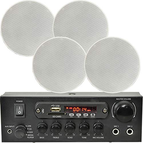 SMART HOME BLUETOOTH SPEAKER SYSTEM - 4x Low Profile Ceiling Mounted Speakers & 110W Bluetooth Compact Amp *ECHO/ALEXA* - Wireless Background Music Audio Player Kit – Home Cinema Surround Sound