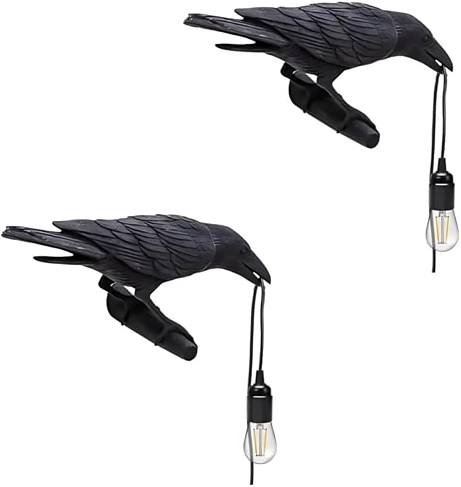 LEDSone 2 Pack Gothic Black Raven Wall Light, Vintage Crow Lamp with E27 Bulb Holder, Resin Bird Wall Sconce Industrial Steampunk Art Decor for Bedroom, Living Room, Bar, Halloween Retro Lighting