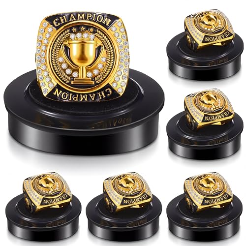Landical 12 Packs Champion Trophy Rings Mvp Sport Award Gift with Neck Chain and Display Stand Box for Tournament or League Champion Winner (Gold)