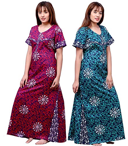 Image of Feeding Nighty in Fine Cotton 2 Side Zips for Feeding Purpose & Neck Buttons for Easy Wearing Soft Cotton Maternity Nighty for Women Feeding Combo Feeding Nighty for Women Cotton Combo of 2Pcs