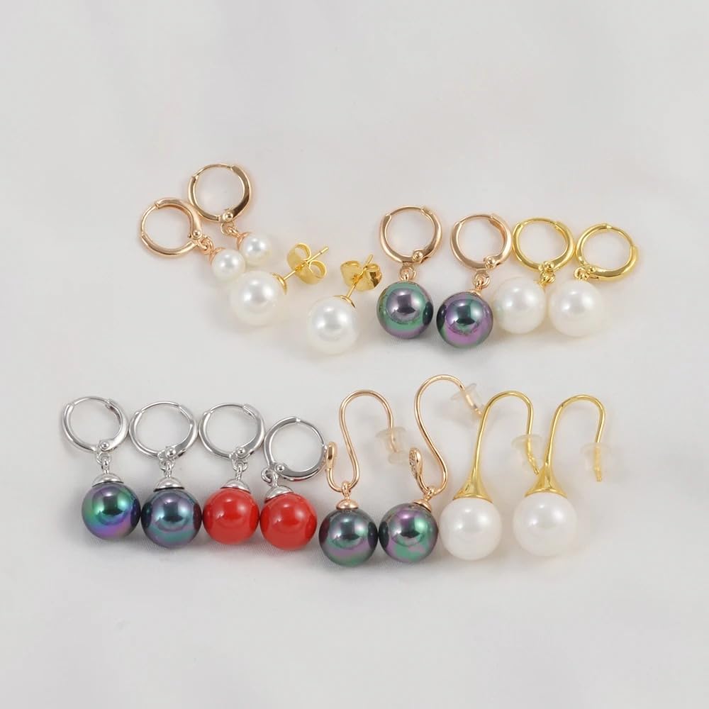 14K Filled Gold Beaded Pearl Earrings For Women, Hawaiian Black Red White Green Simulated-Pearl Earrings Round Beads Stud Earring, Native Beaded Earrings