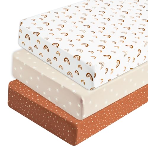 Image of PHF 3 Pack Soft Rainbow Crib Sheets Fitted, Silky Comfy Breathable Baby Sheets for Boys Girls Neutral, 28x52 Inches Fits Standard Crib and Toddler Mattresses, Rainbow