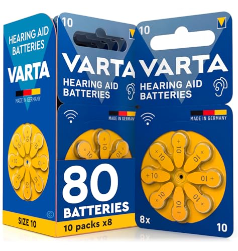 80 Piles Auditives Taille 10 (Jaunes) PR70 VARTA Zinc Air Tension Stable Longue Durée Résistantes aux Fuites Compatibles avec Tous Les Dispositifs Made in Germany - 10 Blisters de 8 Piles