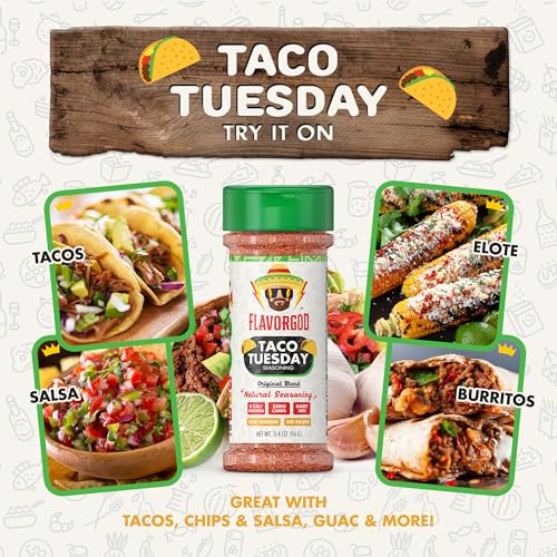 Image of Taco Tuesday Seasoning Mix by Flavor God - Premium All Natural & Healthy Spice Blend for Grilling Chicken, Beef, Seafood, Vegetables, Salad, Ravioli, Pizza, & Pasta - Kosher, Gluten-Free, Dairy-Free, Vegan, Keto Friendly
