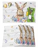 Easter Placemats Set of 6 Bunny Spring Flowers Easter Placemats for Dining Table Watercolor Wood Grain Table Mat Spring Holiday Home Party Kitchen Table Decorations Decor Set of 6