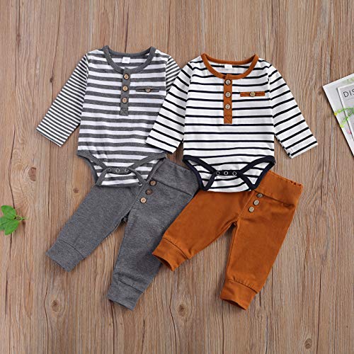 2Pcs/Set Newborn Baby Boys Outfit Long Sleeve Striped Bodysuit Romper Solid Pants Fall Winter Clothes (Khaki, 3-6 Months) #TOP1