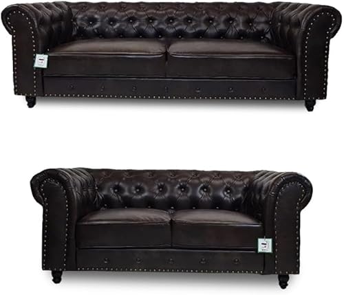 Chesterfield 3+2 Seater Sofa - Leather Deep Button Tufted Settee - Traditional Couch Style Venus Sofas - Luxury 3 Seater Corner Deep Buttoned Back for Living Room Reception (Brown, 3+2 Seater)