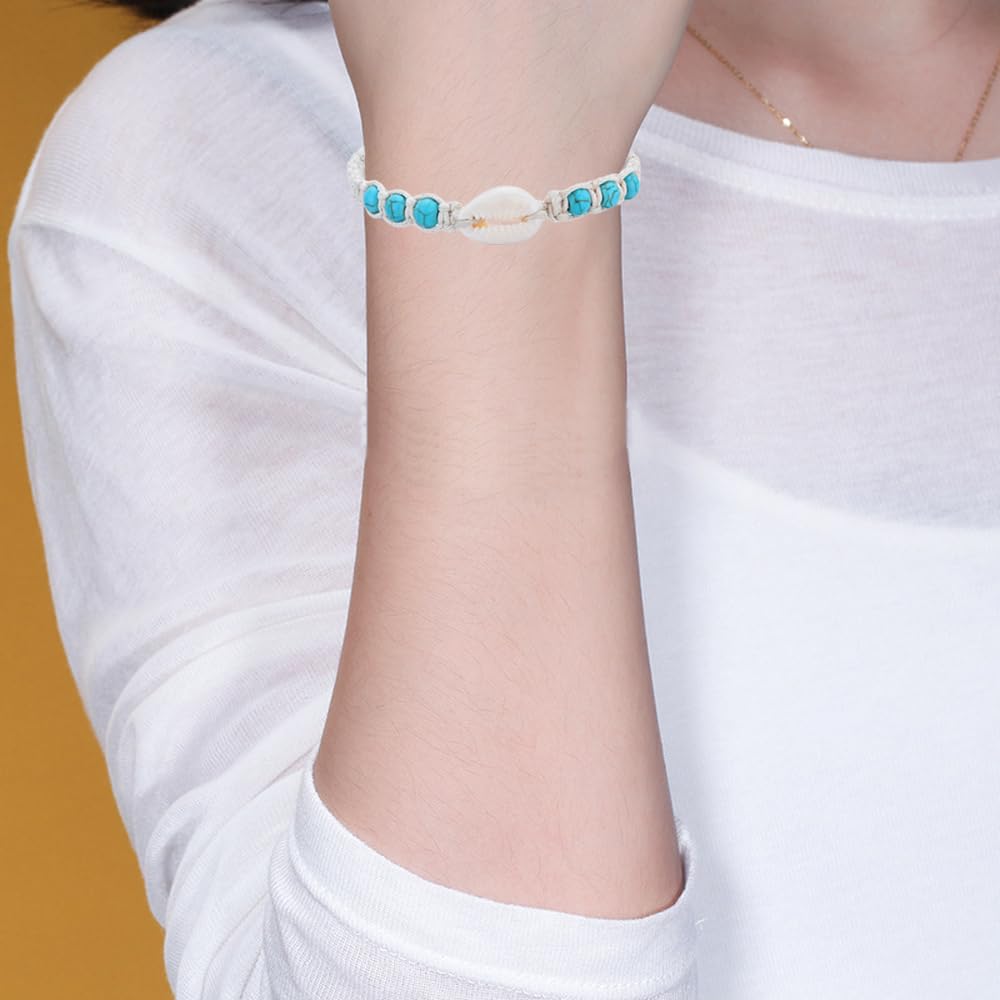2 sztuki bransoletek w stylu boho, turkusowa, z kamienia naturalnego, ręcznie tkana, regulowana, na lato, hawajską plażę, biżuteria dla dziewcząt i kobiet, einstellbar, Skorupa naturalna i
