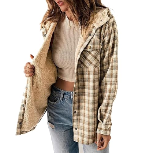 Hivebabe Flannel Fleece Lined Shirt,Womens Plaid Print Button Front Hooded Coat,Fuzzy Flannel Jacket Women3