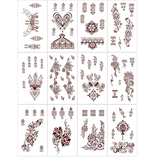 Henna Tattoo 12 Sheets Red Brown Henna Temporary Tattoos for Women and Teen Girl Waterproof Realistic Mehndi Fake Tattoos for Wedding Beach Rave Festival Party Makeup Body Paint Parties Friends etc