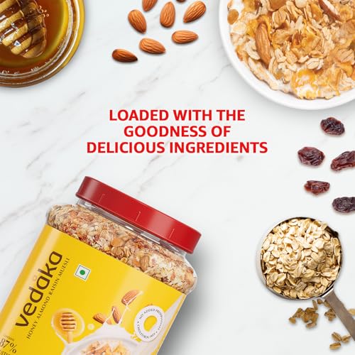 Image of Amazon Brand - Solimo Honey Almond Raisin Muesli 1 kg | Sweetened with Natural Honey | Sweetened with Natural Honey | Contains 87% of Dry Fruits, Nuts and Multigrains | Loaded with Raisins | Source of Fiber | No Added Preservatives