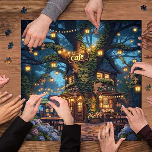 Puzzle Treehouse Cafe para Adultos 1000 Piezas, Rompecabezas de Bosque Fantasía Noche, Escena Mágica de Cafetería en Árbol miniatura 7