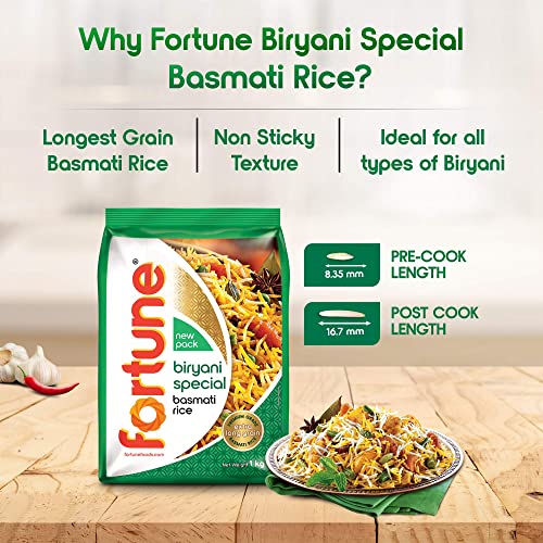 Image of FORTUNE Biryani Special Basmati Rice, 1 kg |Extra Long Grain Basmati rice (Up to 24 mm) | Ideal for Biryani (Pack of 3)