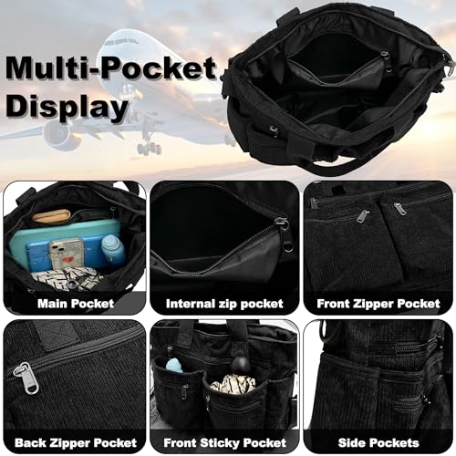 Hoseay Handtasche Damen Cord Umhängetasche Mittelgroß Tote Bag Damen Shopper Tasche mit Reißverschluss Crossbody Bag Frauen Schultertasche für Schule Arbeit Büro Reisen Einkaufen Alltag, Schwarz