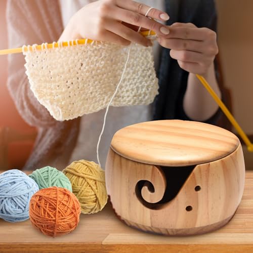 Image of Wooden Yarn Bowl Crochet Knitting Yarn Bowl with Lid Yarn Storage with Holes Handmade Craft with Storagebag for DIY Knitting Crocheting Mothers Day Gift 6 inch x 3.5 inch