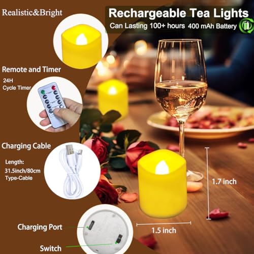 Image of 6 Pack Rechargeable tea lights with Remote Timer & Charging Base, Realistic Flickering Flameless Votive Led Tea Lights Candles, Tealights Candles for Wedding,Halloween,Christmas,Home Decorations