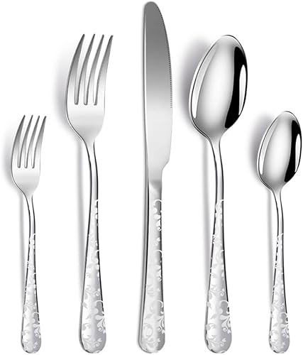 XIAOYU Juego de cubiertos de acero inoxidable de 5 piezas, incluye cuchillo, tenedorcuchara, diseño de patrón único, apto para lavavajillas, plateado