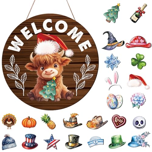 Gameza Interchangeable Welcome Sign for Front Door, Highland Cow Welcome Sign with Interchangeable Holiday Magnet Swappable Pieces, Wooden Home Hanging Decor