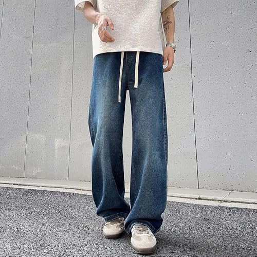 Hndudnff Men's Casual Elastic Waist Straight Jeans Loose Distressed Washed Cotton Jogging Denim Pants4