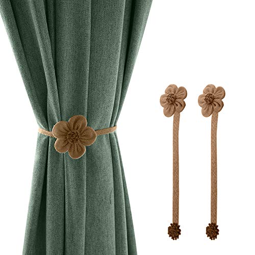 Lewondr Magnética Cortina Hebilla, [2 PZS] Abrazaderas Imán para Cortinas sin Perforaciones, Clips de Material Arpillera, Hebilla Magnética de Cortina Atados de Cuerda - Café
