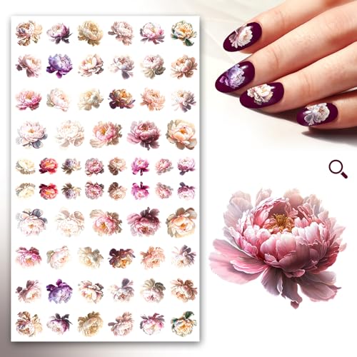 Nail Stickers Decals (5 Sheets) FLONZNAIL White and Light Pink Peony Flower Heads Vintage Styled Nail Decor
