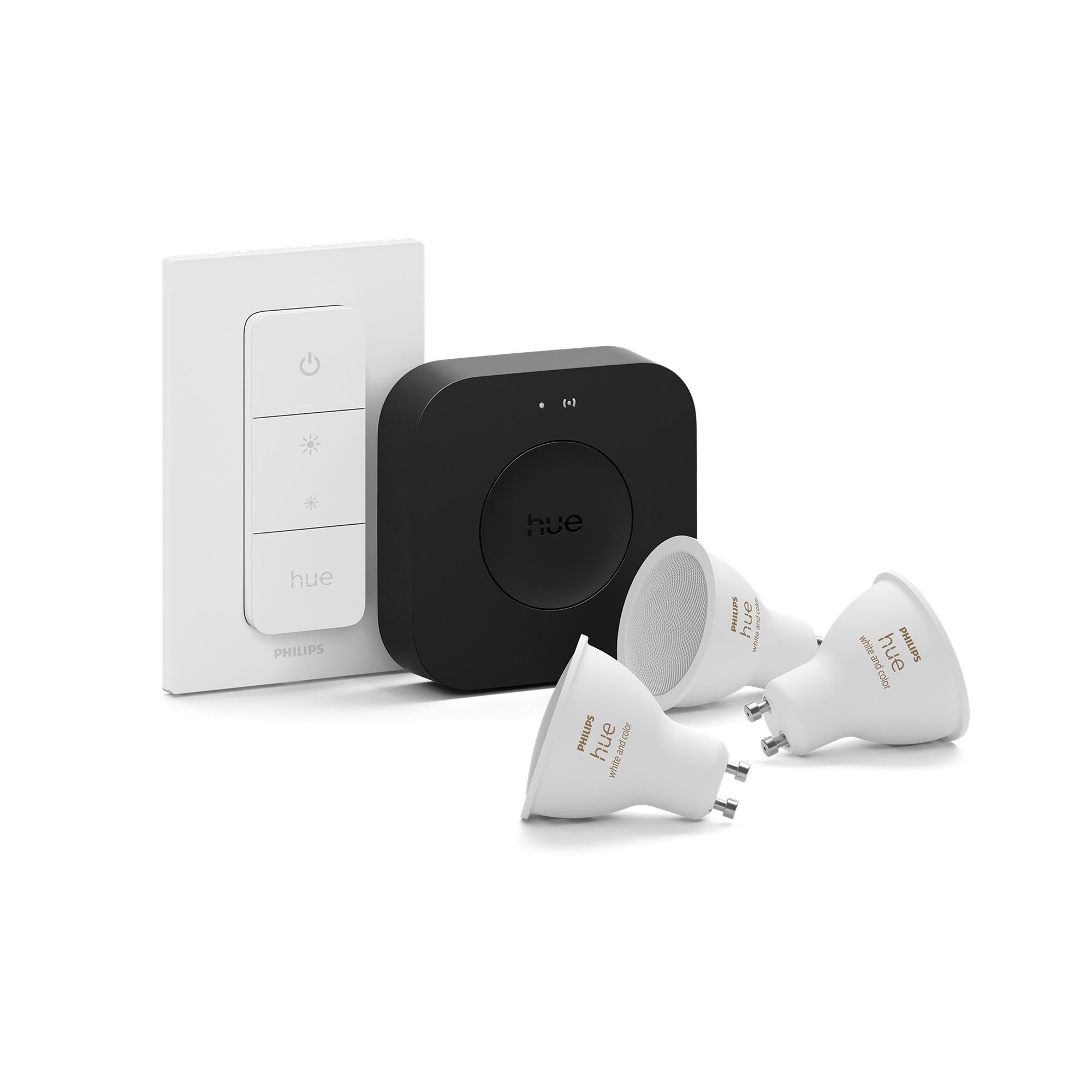 Kit di avviamento - PHILIPS HUE - Luce bianca e atmosfera colorata - 1 Bridge Pro + 3 faretti GU10 da 400 lumens + 1 variateur interruttore