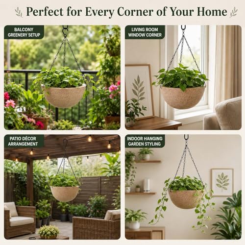 Image of Go Hooked Henri Hanging Planter Pot for Indoor & Outdoor Plants Pack of 5 | 7 Inch Plastic Hanging Pots with Metal Chain | Decorative Round Hanging Planter for Balcony, Garden & Home Decor (Sandstone)