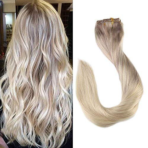 【Promotion】Full Shine 16inch Clip ins Real Human Hair Nordic Clip in Balayage Extensions Remy Clip Hair Human Color #18 Fading to #22 and #60 Full Head Clip Straight Human Extensions 9 Pcs 120 Gram