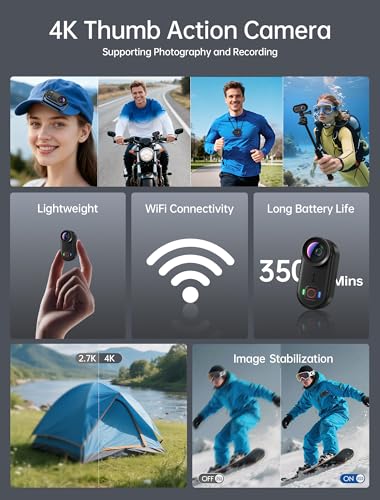 Image of 4K Mini Body Action Cameras POV Body Cam, 64GB Sports Camera with Audio Video Recording, Portable WiFi Magnetic Wearable Waterproof Thumb Camera for Motorcycle Vlogging Skiing Cycling Hiking-Black