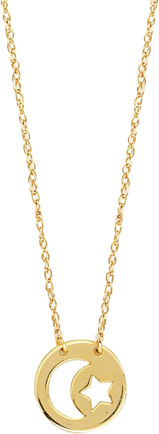 Jewelry Affairs 14K Yellow Gold Mini Moon And Star Pendant Necklace, 16 To 18 Inches Adjustable