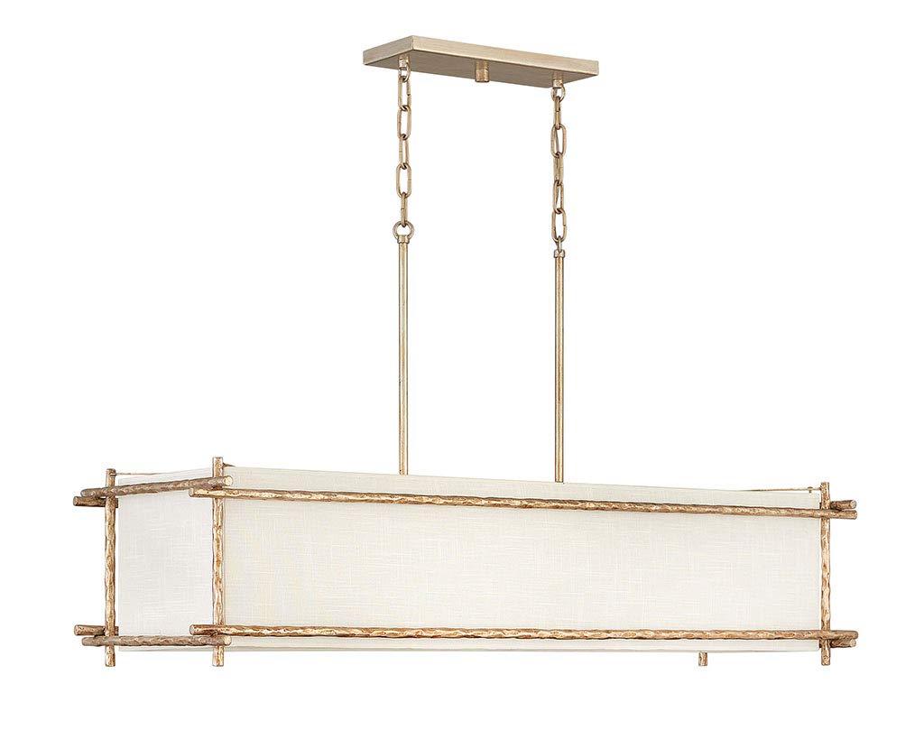 Hinkley Tress Medium Six Light Linear Chandelier - Transitional, 6-Light, Hammered Metal Rods, Off-White Textured Shade - Champagne Gold Finish