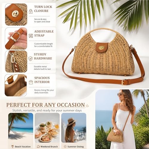 Image of ZAVOOS Straw Crossbody Bag for Women, Handwoven Rattan Beach Straw Purse with Handle, Detachable Strap, Fashionable Dumpling Bag Shoulder Handbag Clutch Purse for Travel, Holiday