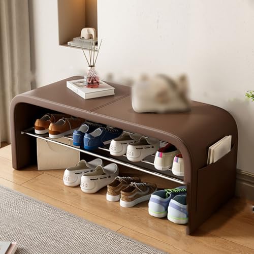Banc à chaussures en cuir avec étagère intégrée pour optimiser le dressing