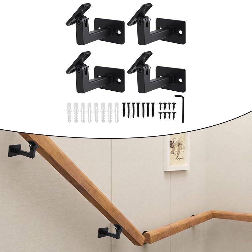 Staffa regolabile per corrimano, 4 pezzi, resistente nero staffe per corrimano per scale in ferro da parete supporto per corrimano per scale interne o scale esterne
