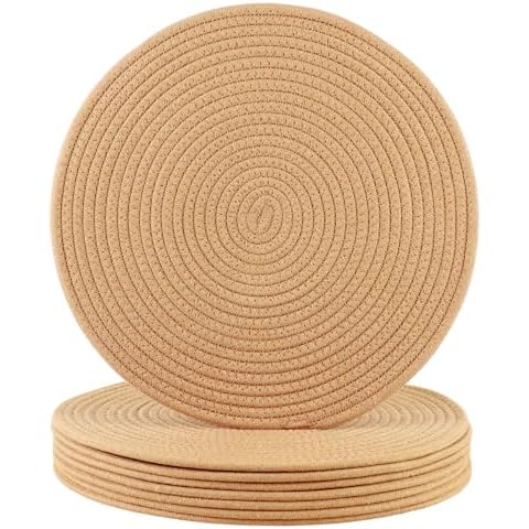 Round Woven Placemats Set of 8 Heat Resistant Placemats 13.5 Inches Farmhouse Cotton Rope Place Mats for Dining Tables Trivets for Hot Dishes, Brown Cover