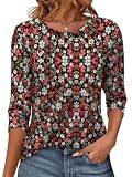 Womens 3/4 Sleeve Tops Crewneck Summer Solid Casual Tee Shirts Floral Printed Blouse Loose Dressy Tunic Red White