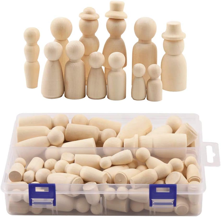 Tidyard Wooden Peg Dolls, Unpainted DIY Decorative Nature Shapes for Kids Painting, Handmade Unfinished Weddings Cake Dolls Decor (55 pcs)