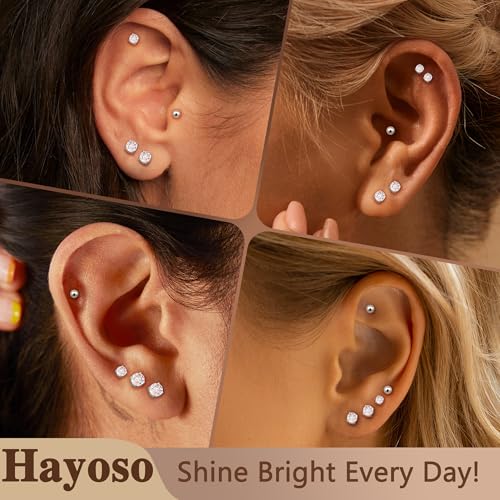 Hayoso 6 Pairs Sterling Silver Stud Earrings for Women, Cubic Zirconia Stud Earrings, Tiny Ball Stud Hypoallergenic Earrings, Small Tragus Cartilage Earrings Set for Men 2mm,3mm,4mm3