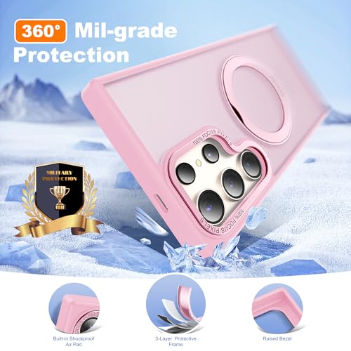 Image of Compatible with Samsung Galaxy S24 Ultra Case with 360Rotatable Magnetic Ring Stand Compatible with Mag-Safe Military Protection Matte Translucent Phone Cases for S24 Ultra 6.8 inch,Pink