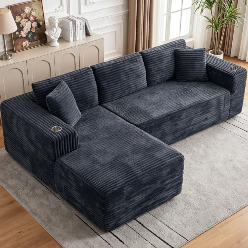 Image of Cloud Sectional Boneless Couches for Living Room,Modular Sectional Sofa with 2 Cup Holders,Memory Foam Cloud Couch with L Shaped Oversized Chaise,No Assembly Needed Plush Corduroy Sofa,Dark Gray
