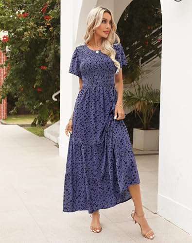 Image of Kranda Women 2025 Summer Fall Crewneck Short Sleeve Smocked Floral Maxi Dress