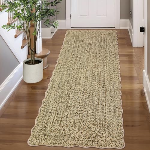GarveeHome Printed Rug with Braided Pattern on it, Scalloped Washable Runner 2x8 Rugs for Entryway Non Slip Kitchen Runner Low Pile Hallway Rug Stain Resistant Carpet for Bathroom Laundry Room
