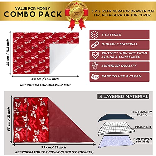 Image of Polyester 3-Layered Fridge Top Cover /Refrigerator Cover with Utility Pockets and Set of 3 Pc Fridge Mats (Color-Leaf Maroon, Size-39x21 Inch)