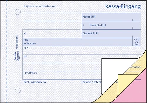 AVERY Zweckform 1703 Kassa-Eingang speziell für Österreich (A6 quer, 3x40 Blatt, selbstdurchschreibend mit farbigen Durchschlägen, fälschungssicherer Dokumentendruck) weiß/gelb/rosa